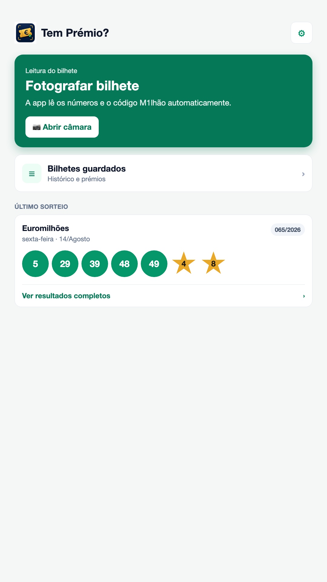 Ecrã inicial da app Tem Prémio?